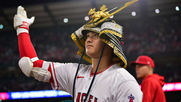August 3, 2023; Anaheim, California, USA; Los Angeles Angels starting pitcher Shohei Ohtani (17) celebrates after hitting a solo home run against the Seattle Mariners during the eighth inning at Angel Stadium. Mandatory Credit: Gary A. Vasquez-USA TODAY Sports